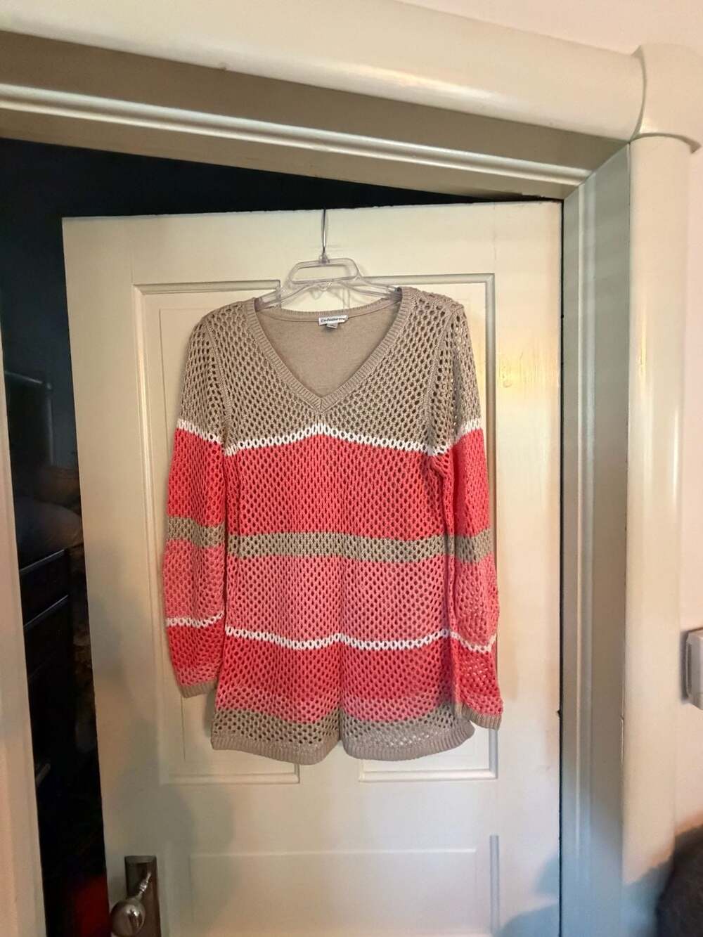 Croft & Barrow Striped Crochet Sweater Size M V-Neck Pullover